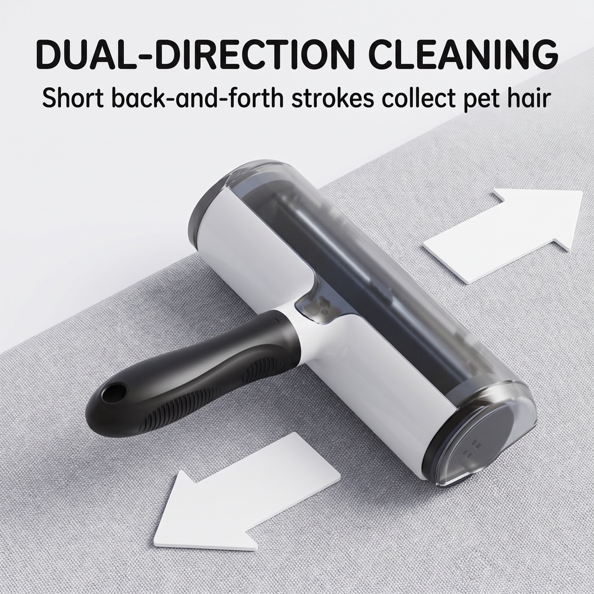 Black and white pet hair remover roller on fabric with arrows showing back-and-forth strokes