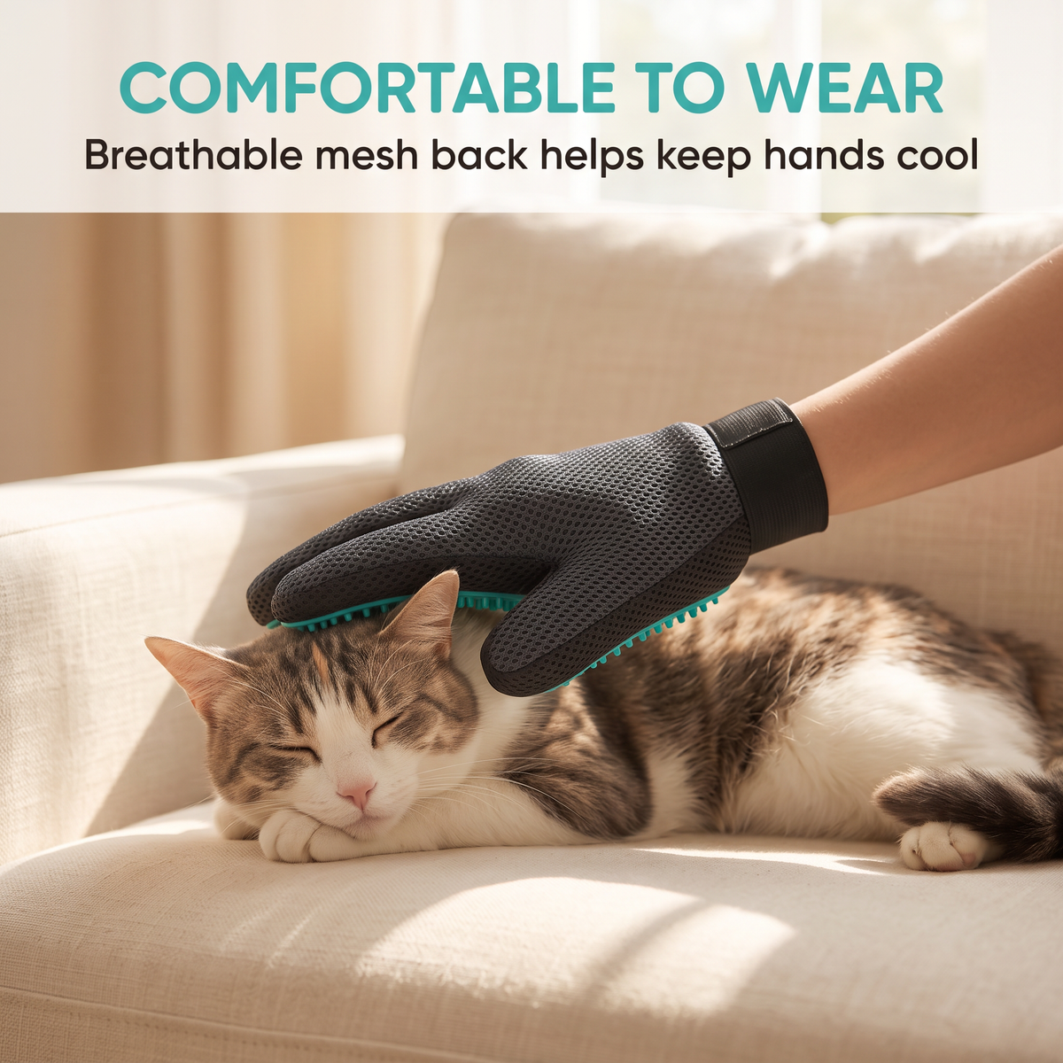 TendedPets grooming glove with breathable mesh back shown during pet grooming