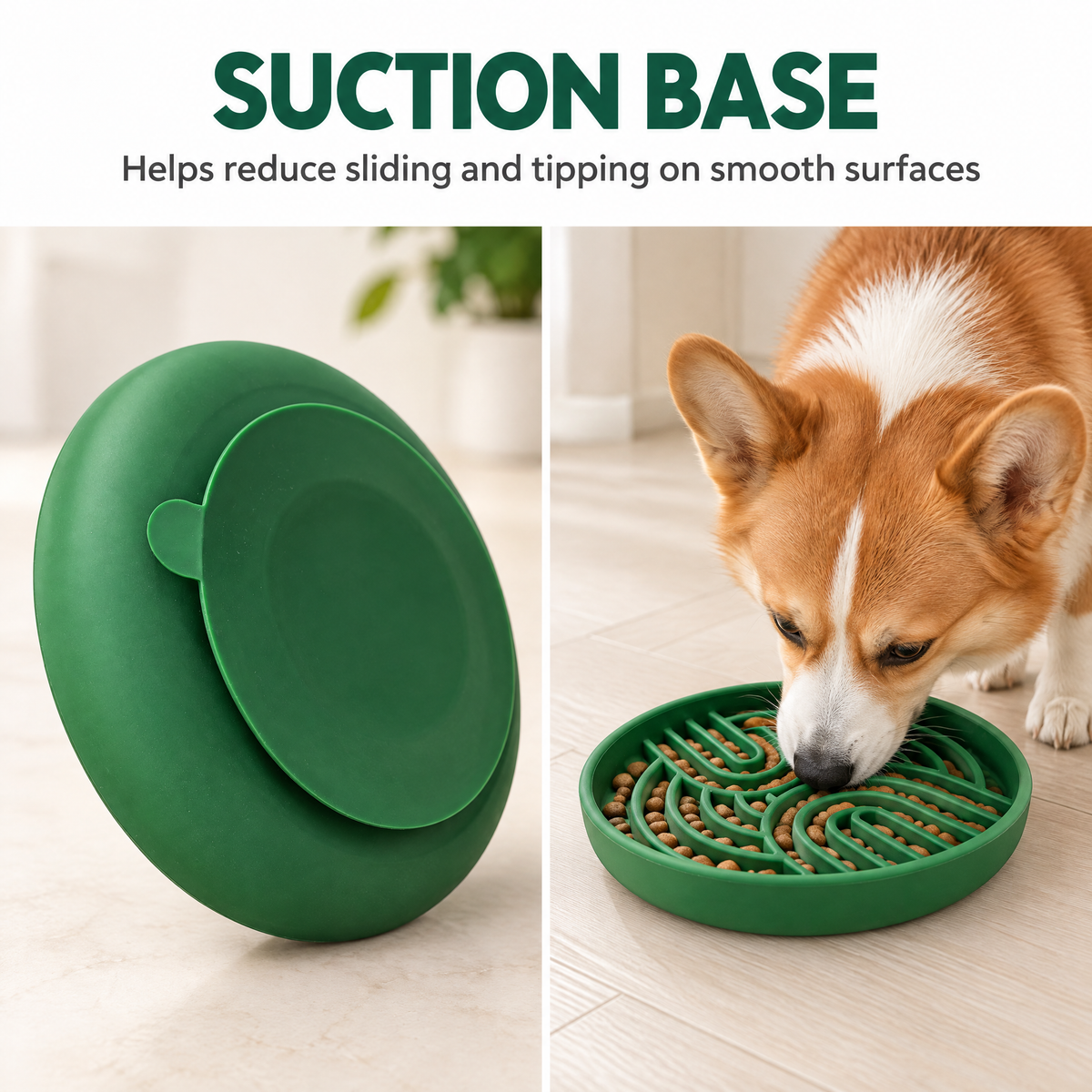 Green slow feeder bowl showing its smaller suction base and pull tab beside a dog eating from the bowl.