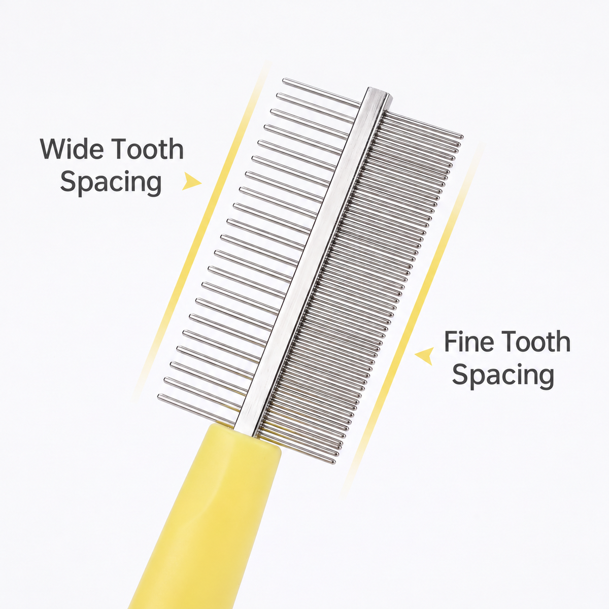 Close-up of wide and fine teeth on a yellow-handled double-sided pet comb