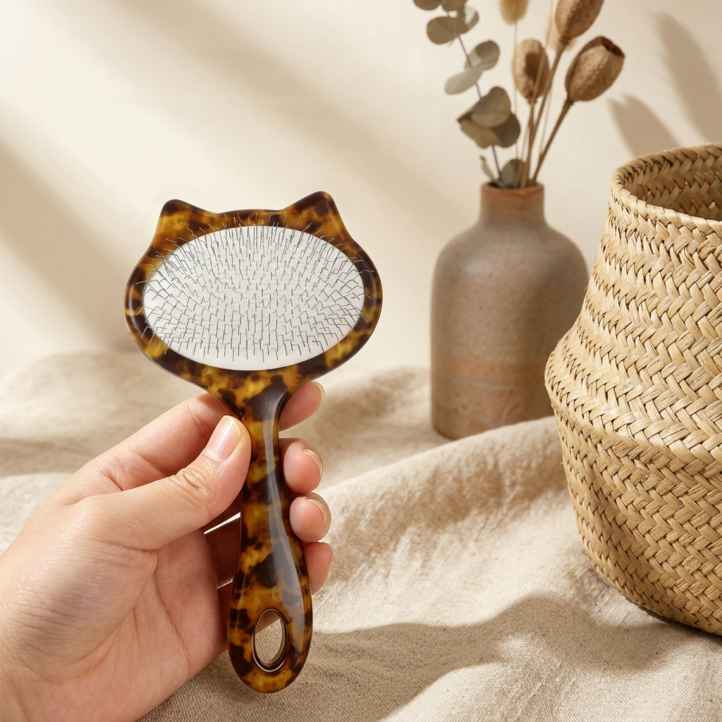Front view of the HOP leopard-print slicker brush held by its curved handle