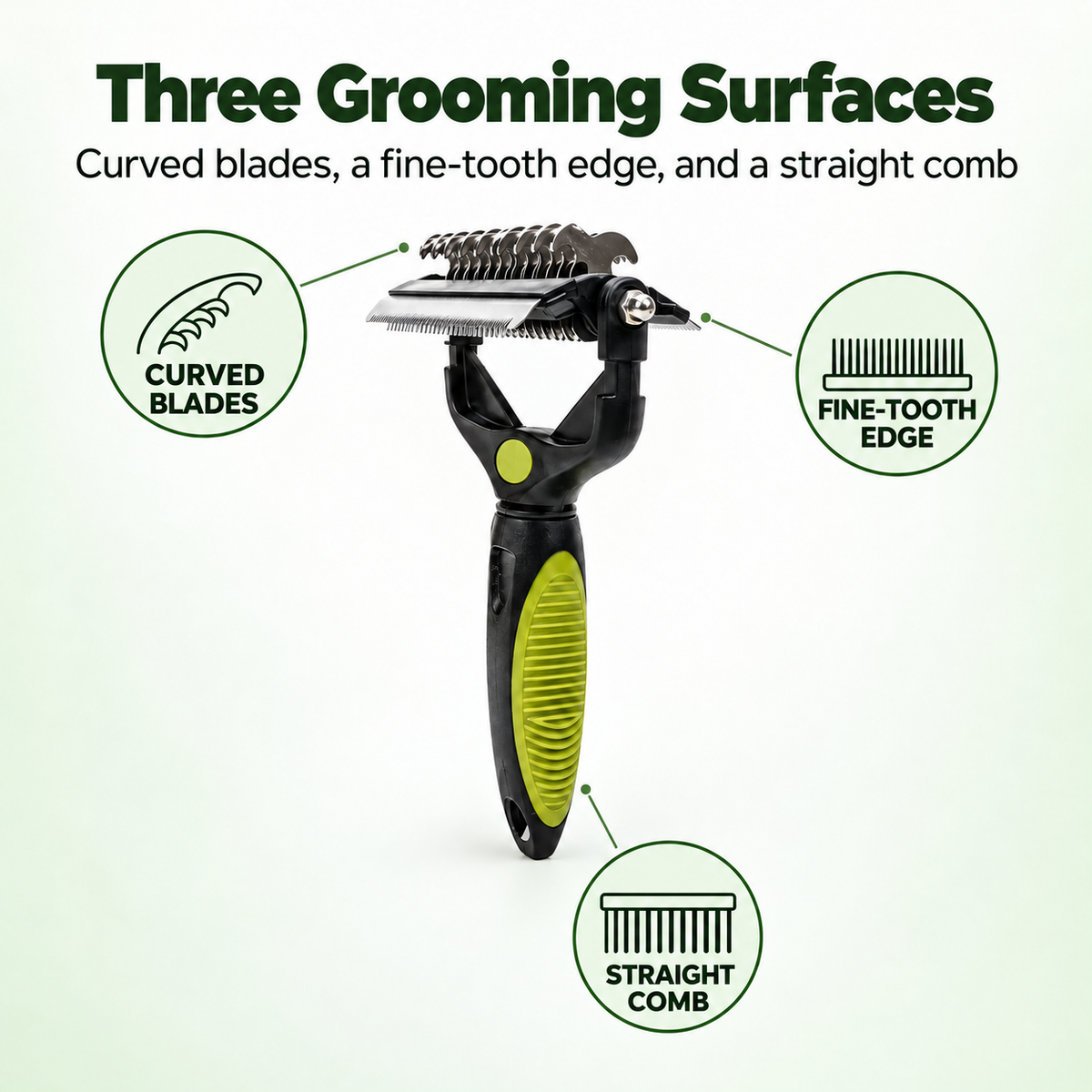 Curved blades, fine-tooth edge and straight comb on a black and green grooming tool