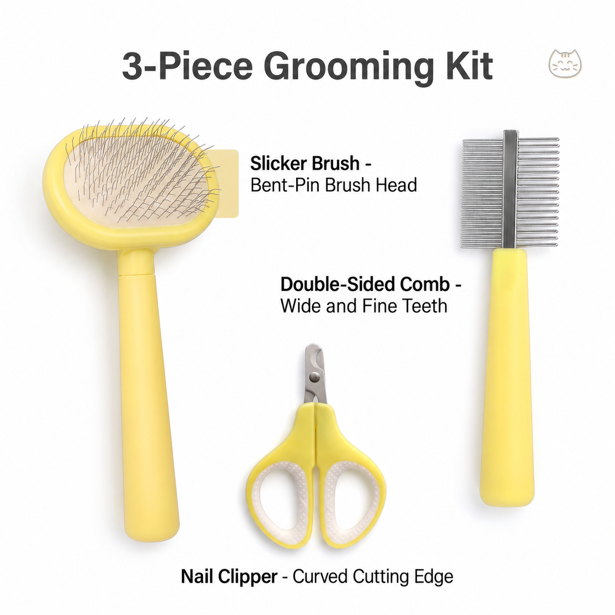 Yellow slicker brush, double-sided comb and nail clipper in a three-piece grooming kit