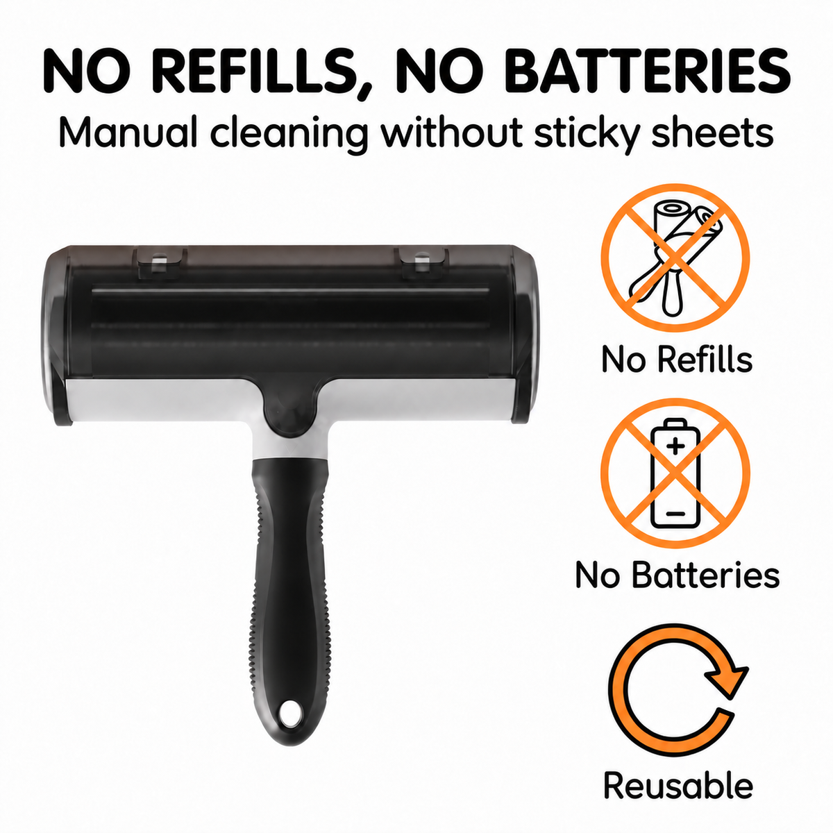 Black and white pet hair remover roller with icons indicating no refills and no batteries
