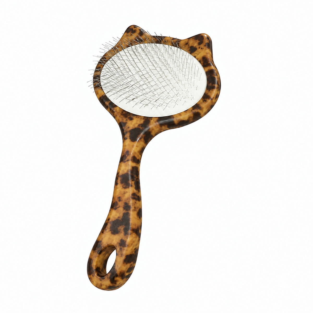 A single leopard-print cat-shaped slicker brush with angled metal pins on a white background.