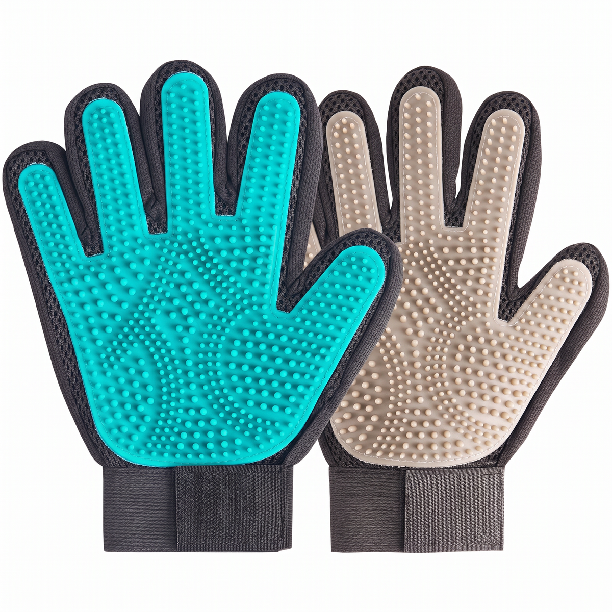 Two right-hand grooming gloves, one teal and black and one beige and black, on a white background