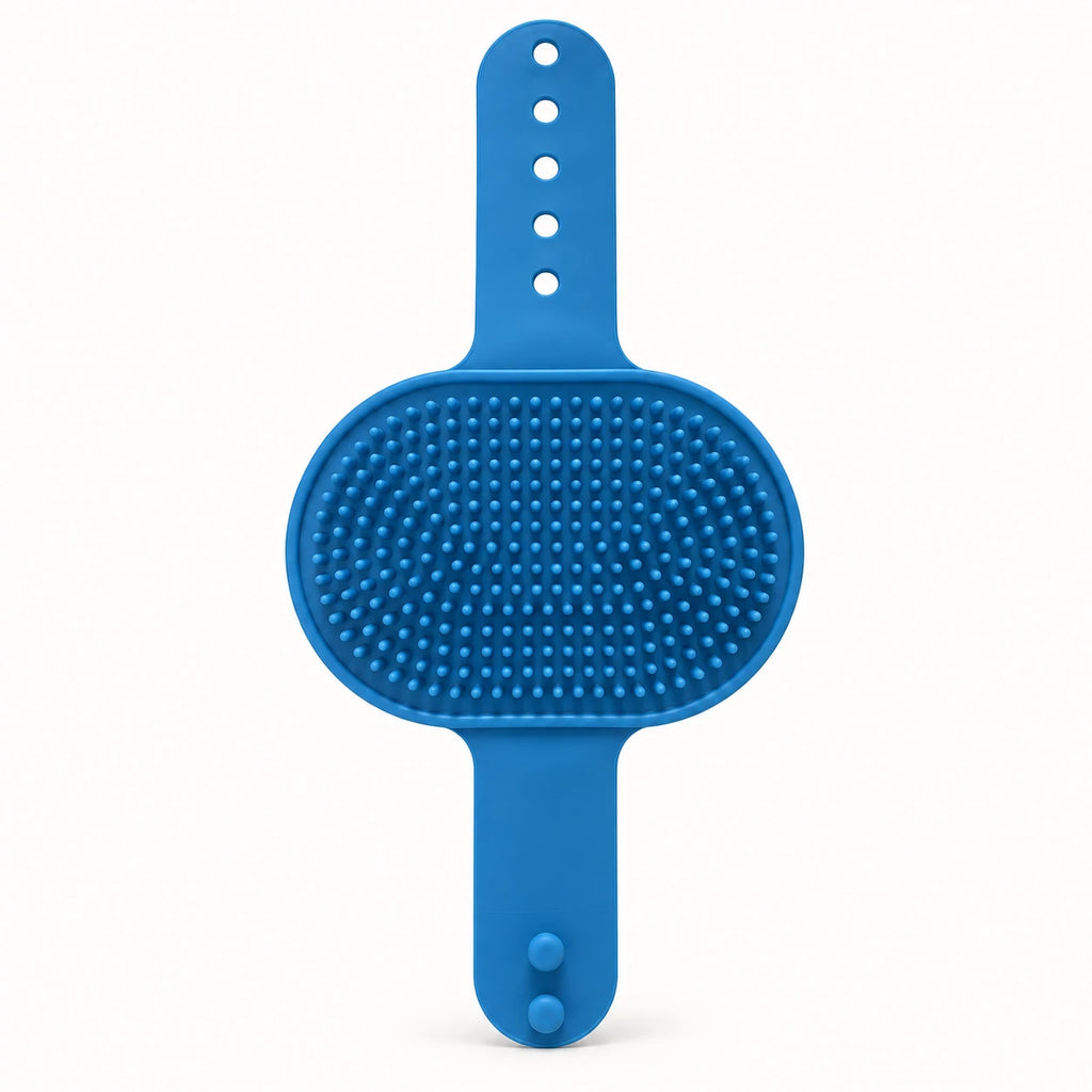 Blue 2-in-1 Cat Self-Grooming Brush on a clean warm-white background