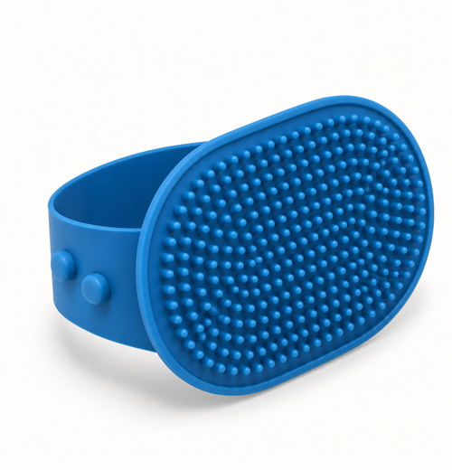 Blue 2-in-1 Cat Self-Grooming Brush on a warm-white background