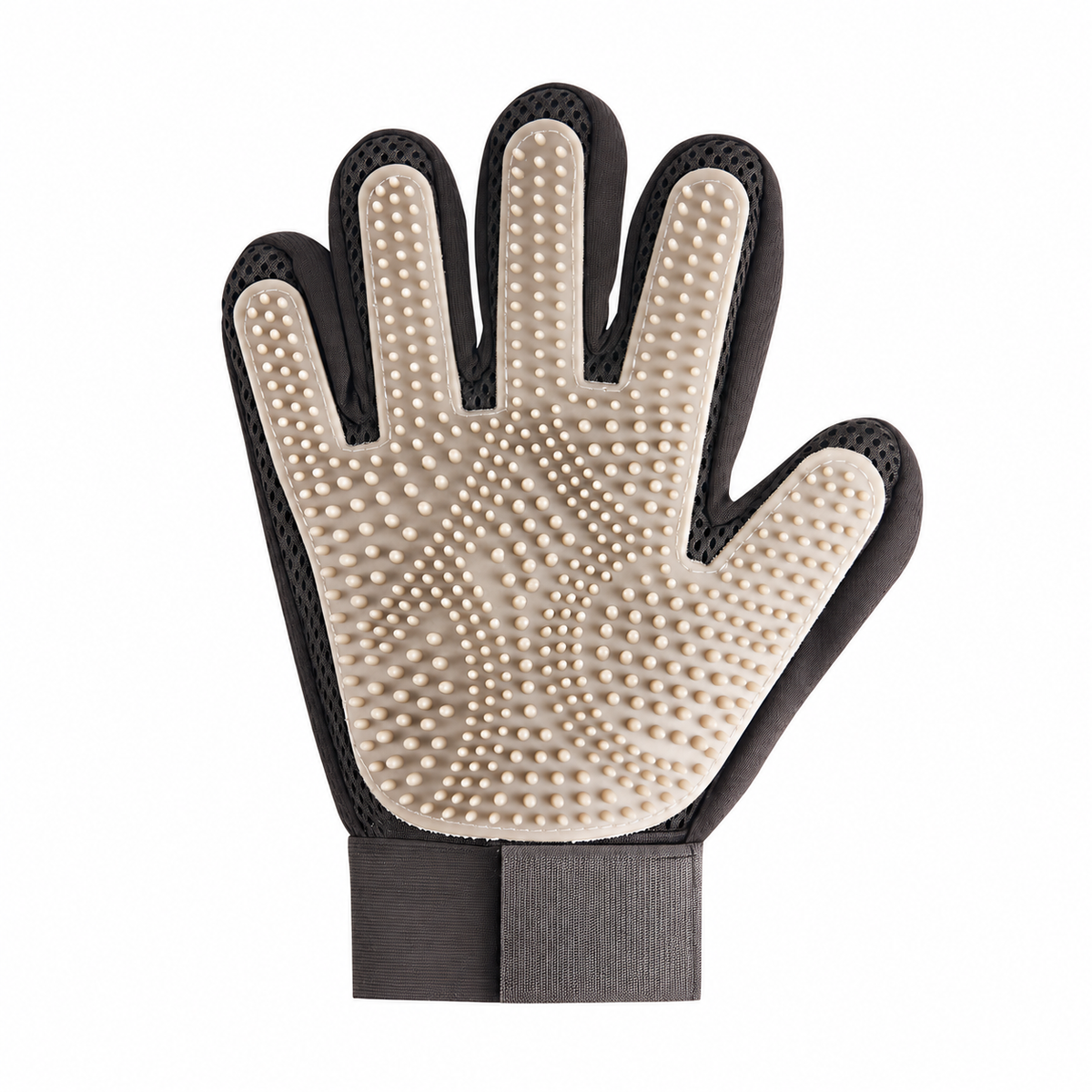Front view of the TendedPets beige and black right-hand pet grooming glove