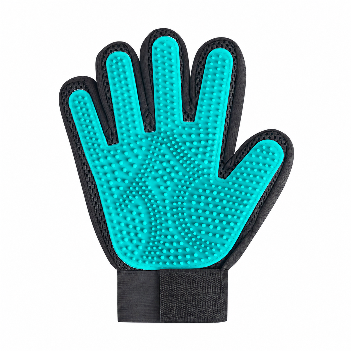Front view of the TendedPets teal and black right-hand pet grooming glove