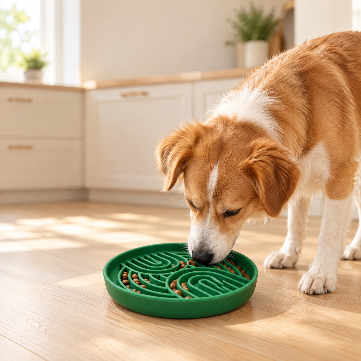 A golden dog eating from a green slow feeder bowl on a kitchen floor.