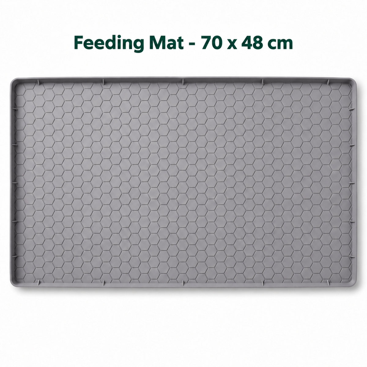 Gray silicone feeding mat with a 70 x 48 cm size label; image not to scale