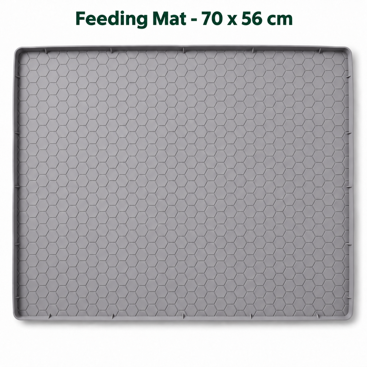 Gray silicone feeding mat with a 70 x 56 cm size label