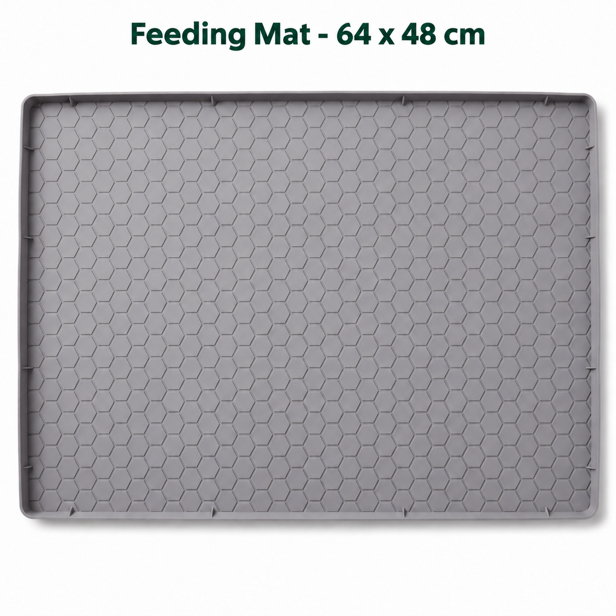 Gray silicone feeding mat with a 64 x 48 cm size label
