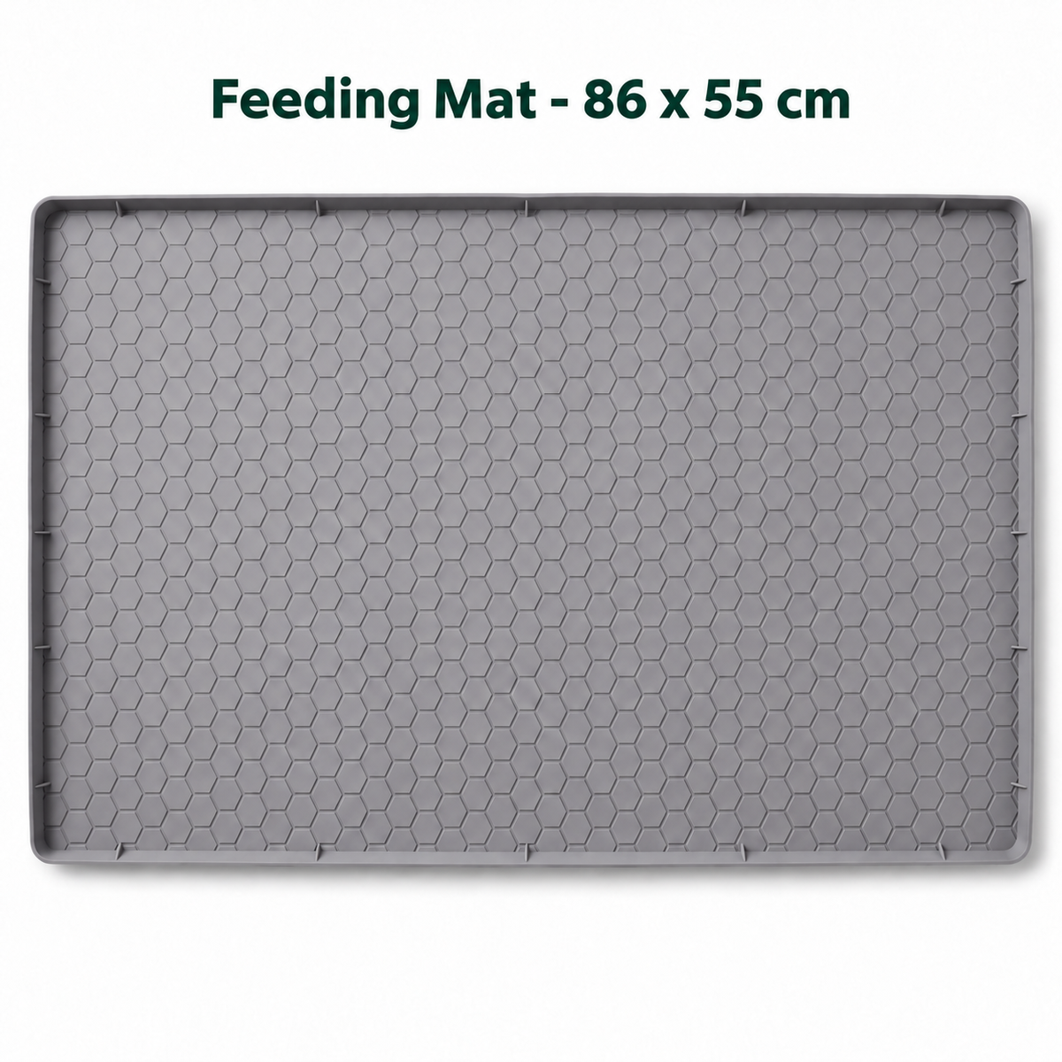 Gray silicone feeding mat with a 86 x 55 cm size label