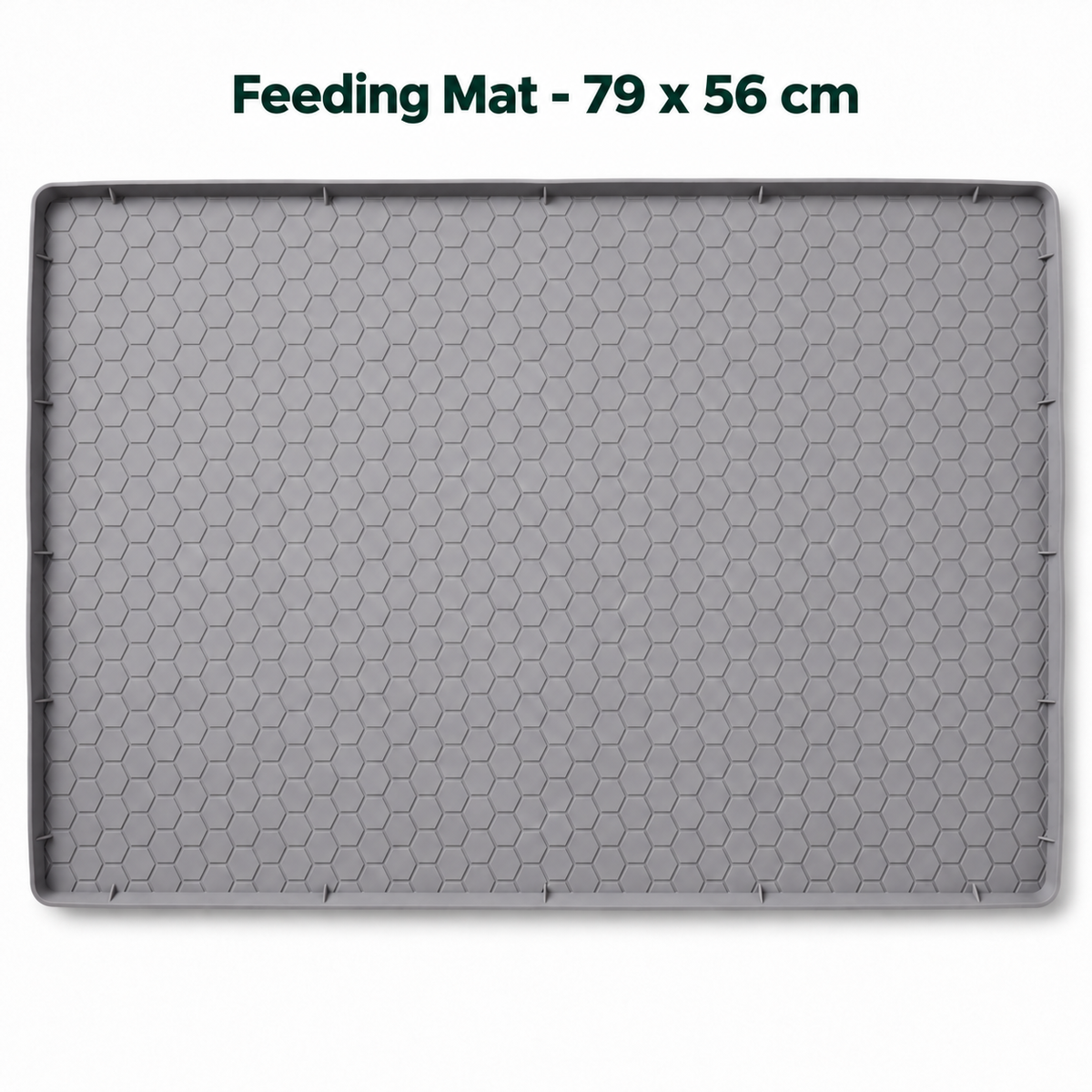 Gray silicone feeding mat with a 79 x 56 cm size label