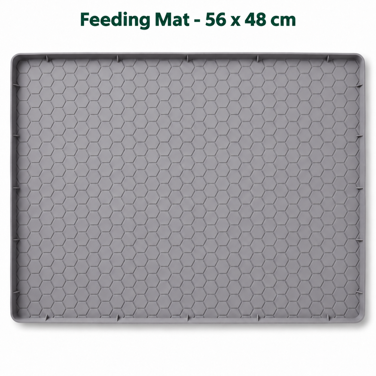 Gray silicone feeding mat with a 56 x 48 cm size label; image not to scale