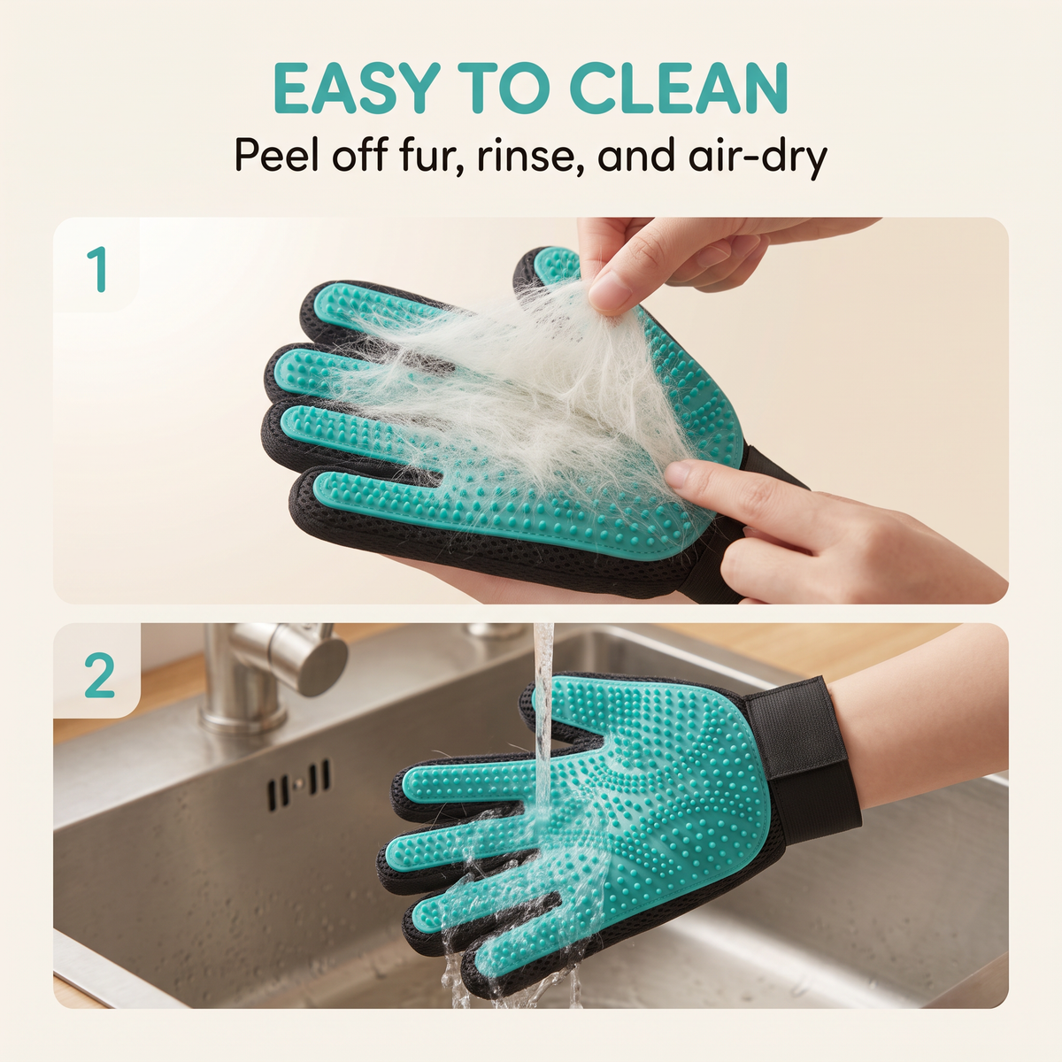 TendedPets pet grooming glove cleaning steps showing fur removal rinsing and air drying