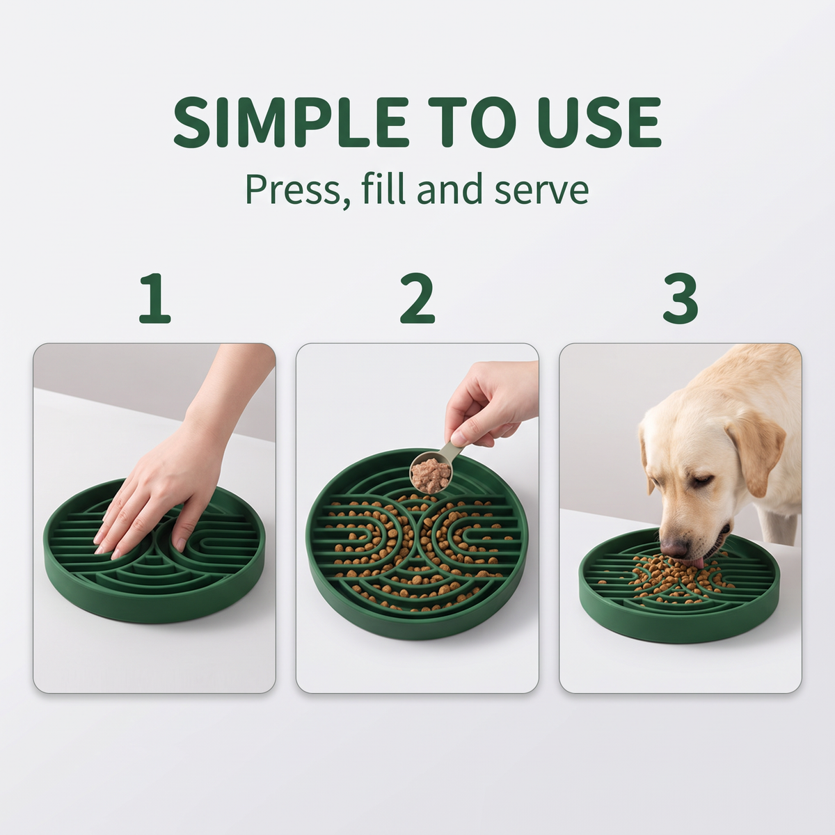 Steps showing a bowl pressed onto a surface, filled with food and offered to a dog