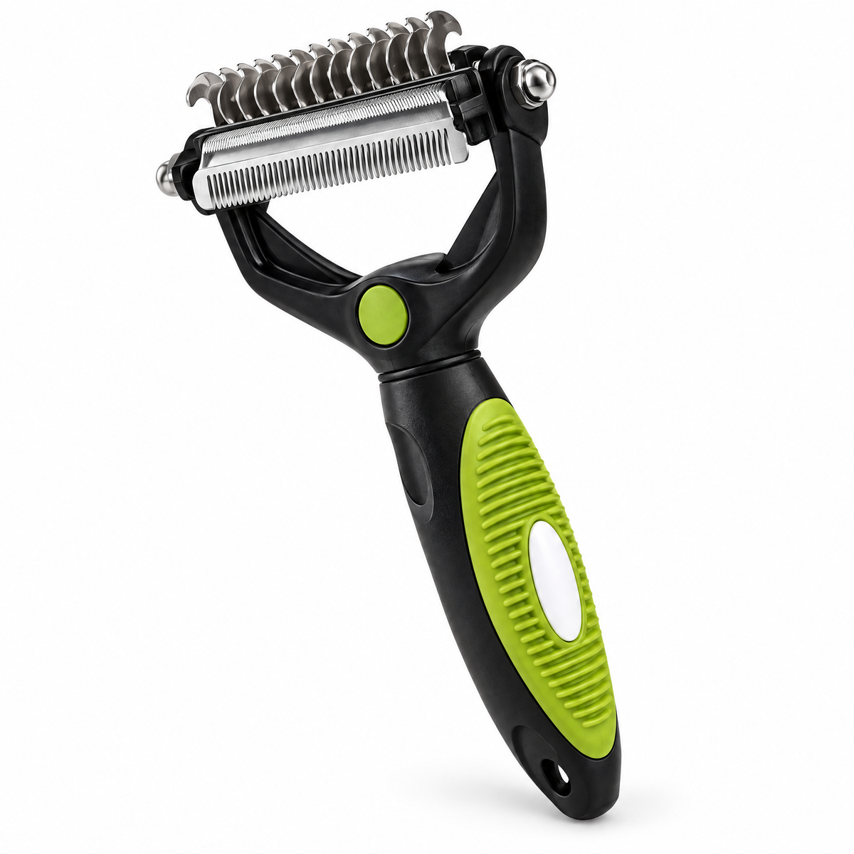 Black and green 3-in-1 pet grooming comb with metal grooming surfaces