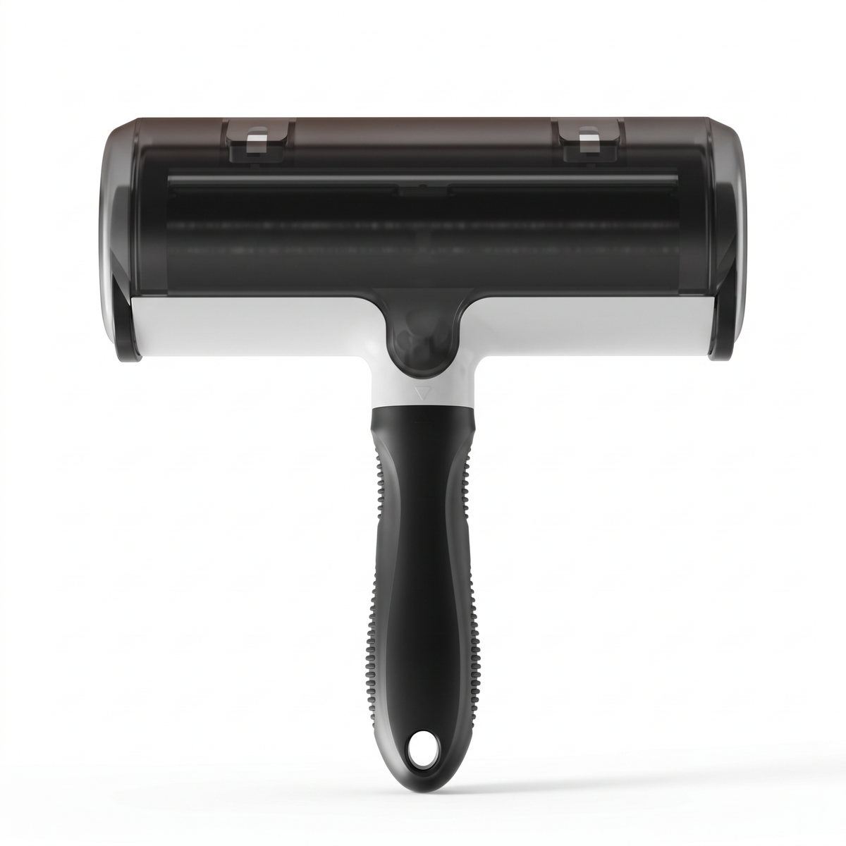 Black and white reusable pet hair remover roller with an attached handle
