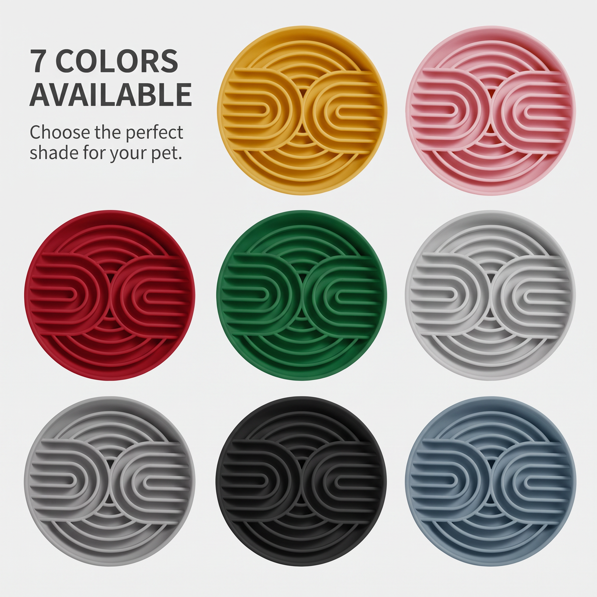 Silicone slow feeder bowls in yellow, blue, green, pink, red, gray and dark gray