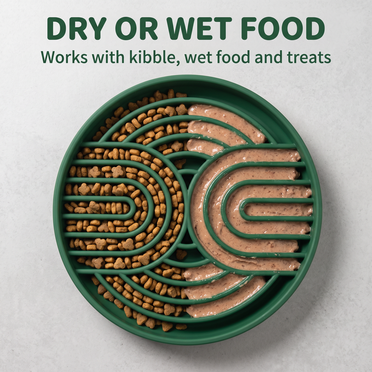 Dry kibble, wet food and treats placed in silicone slow feeder bowls