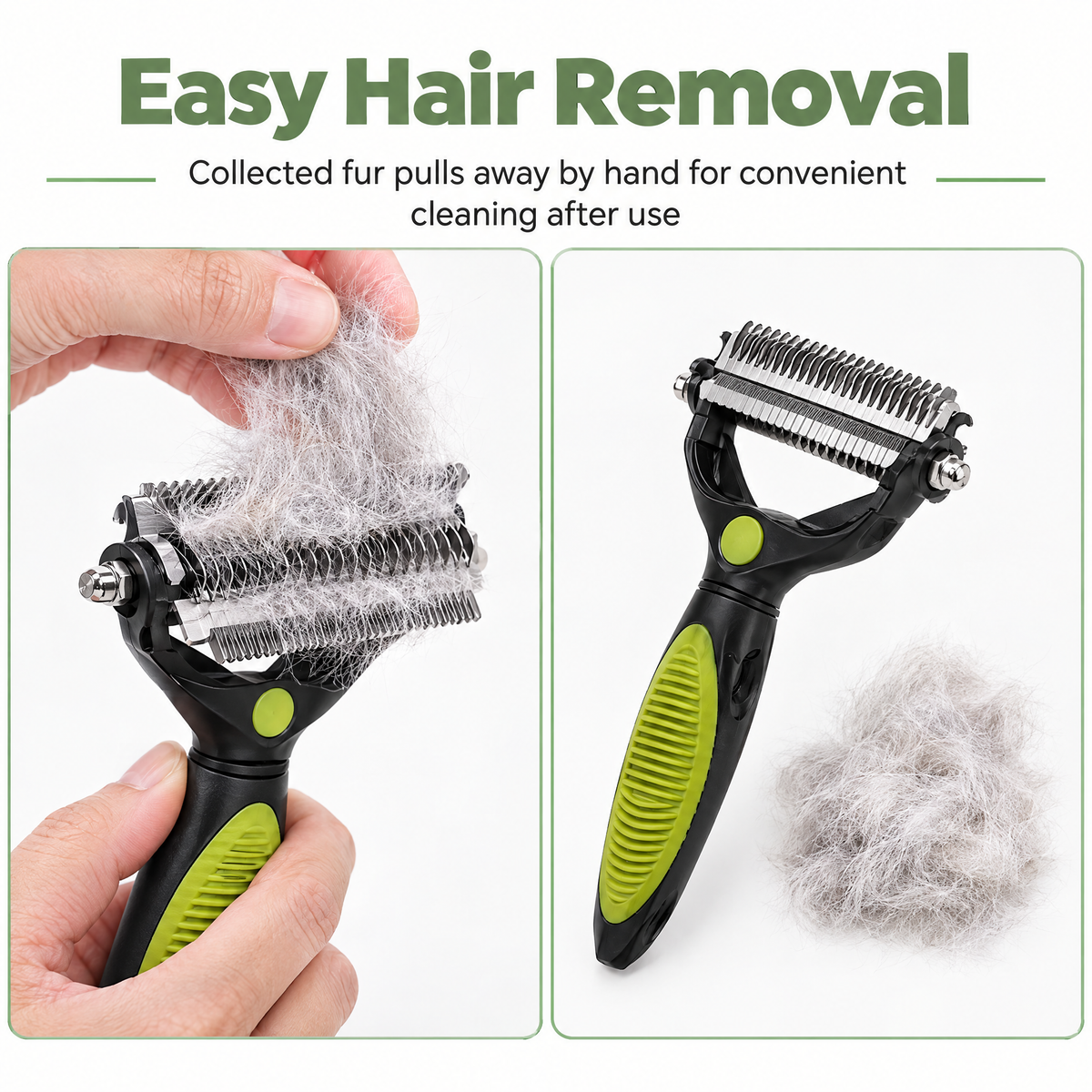 Collected fur being lifted from the grooming head of a black and green comb