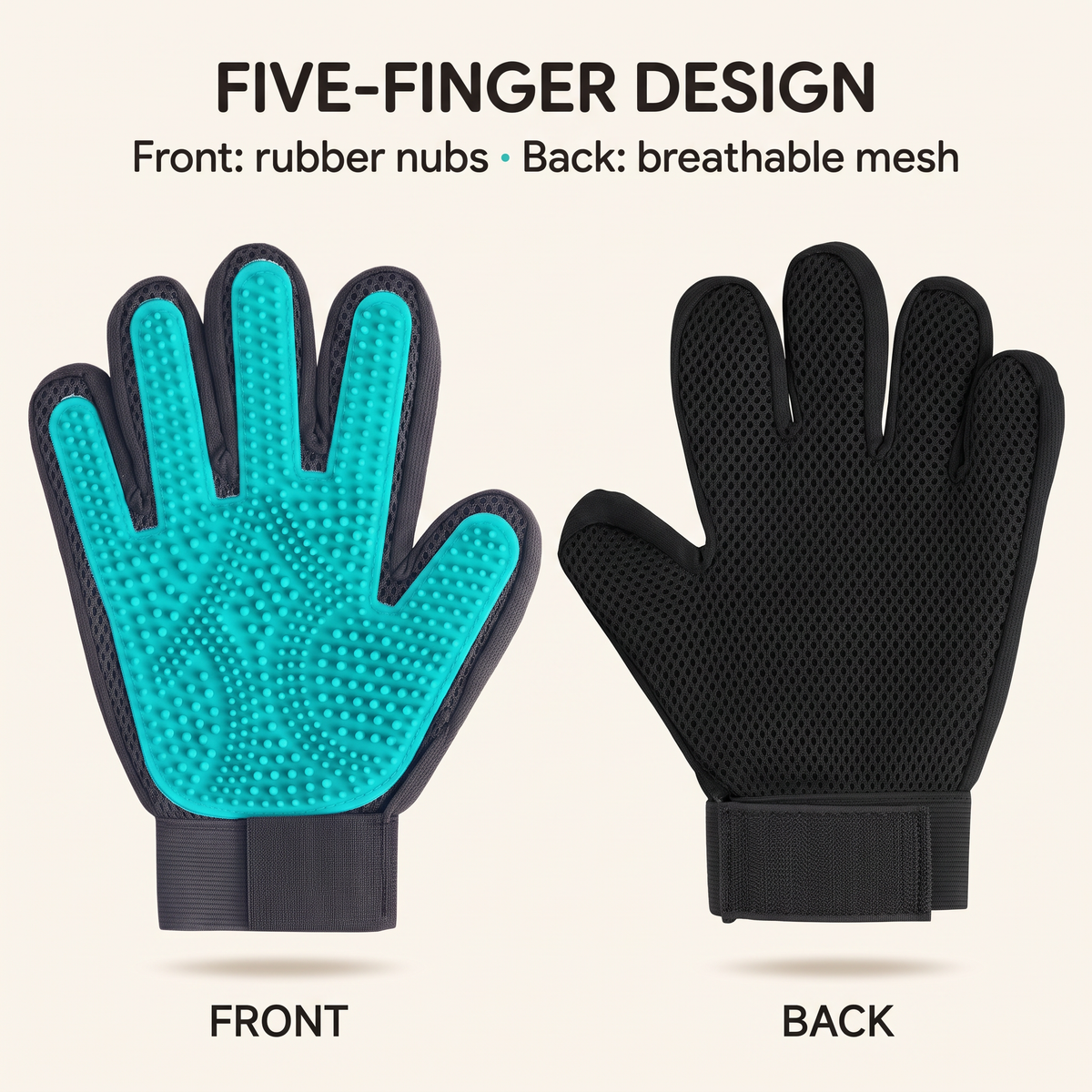 Front and back views of the five-finger TendedPets pet grooming glove