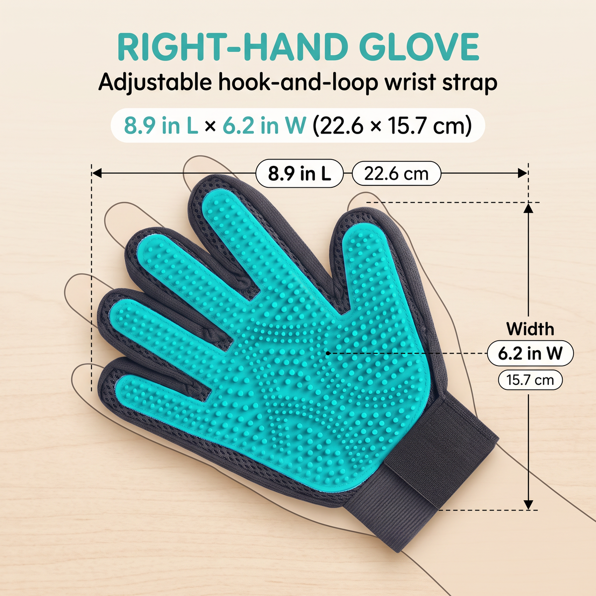 TendedPets right-hand grooming glove size diagram with adjustable wrist strap