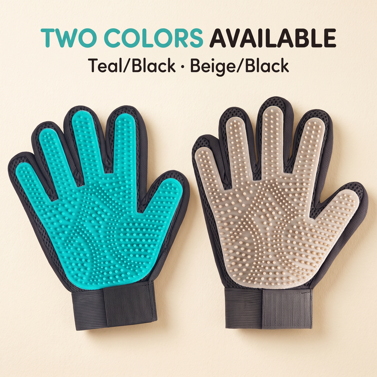 Teal-and-black and beige-and-black right-hand grooming gloves shown side by side.