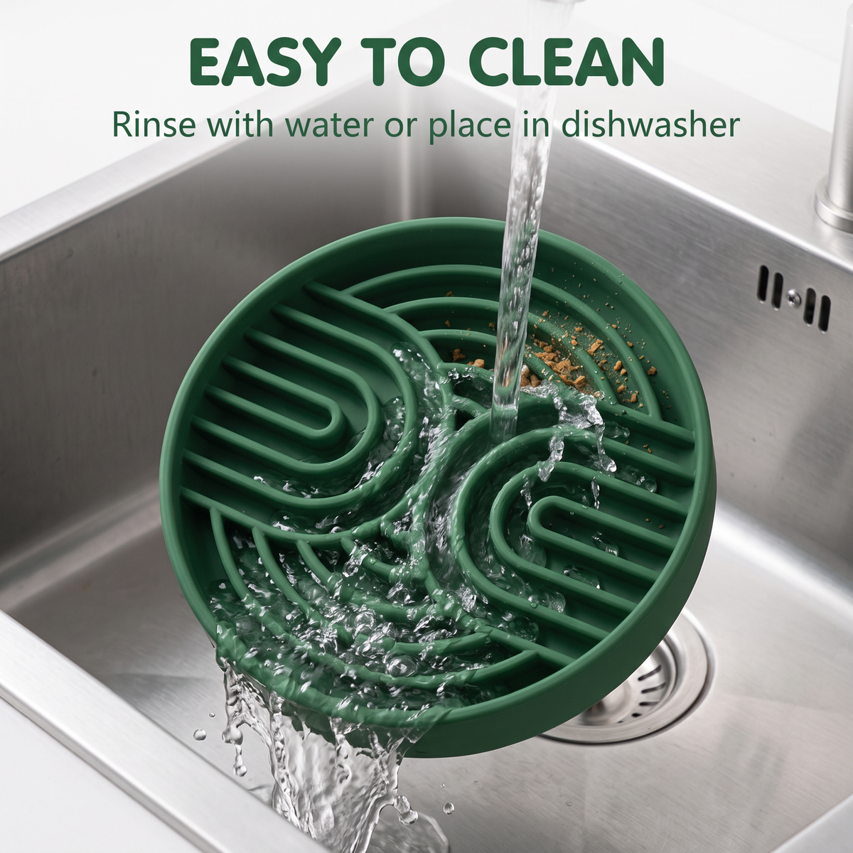 A silicone slow feeder bowl being rinsed and placed in a dishwasher