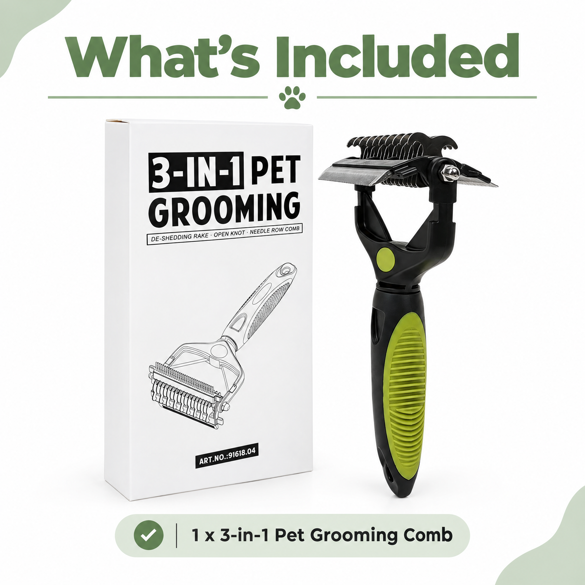 Black and green 3-in-1 pet grooming comb beside its printed retail box