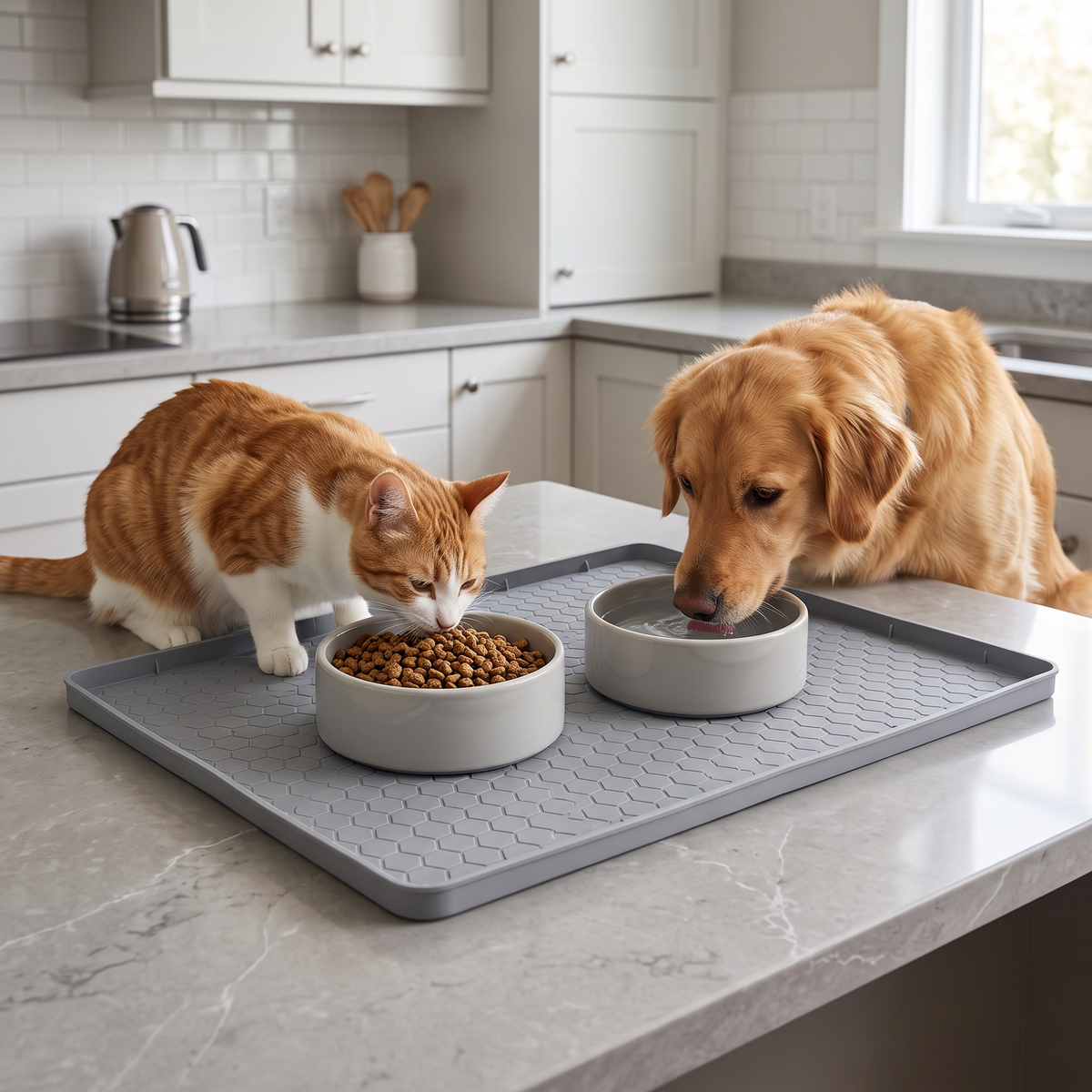 Cat and dog using bowls placed on a gray pet feeding mat