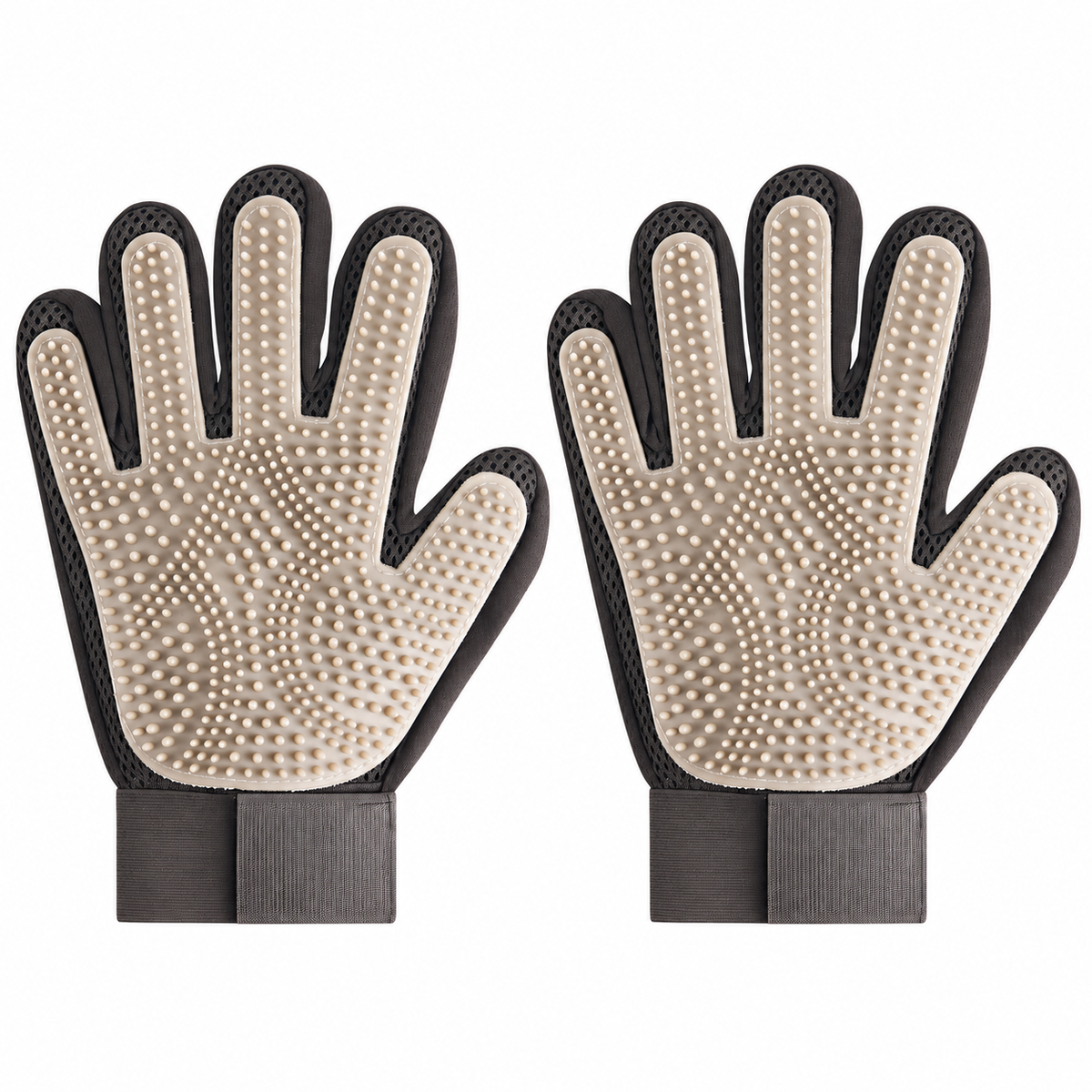 Two beige and black right-hand grooming gloves on a white background