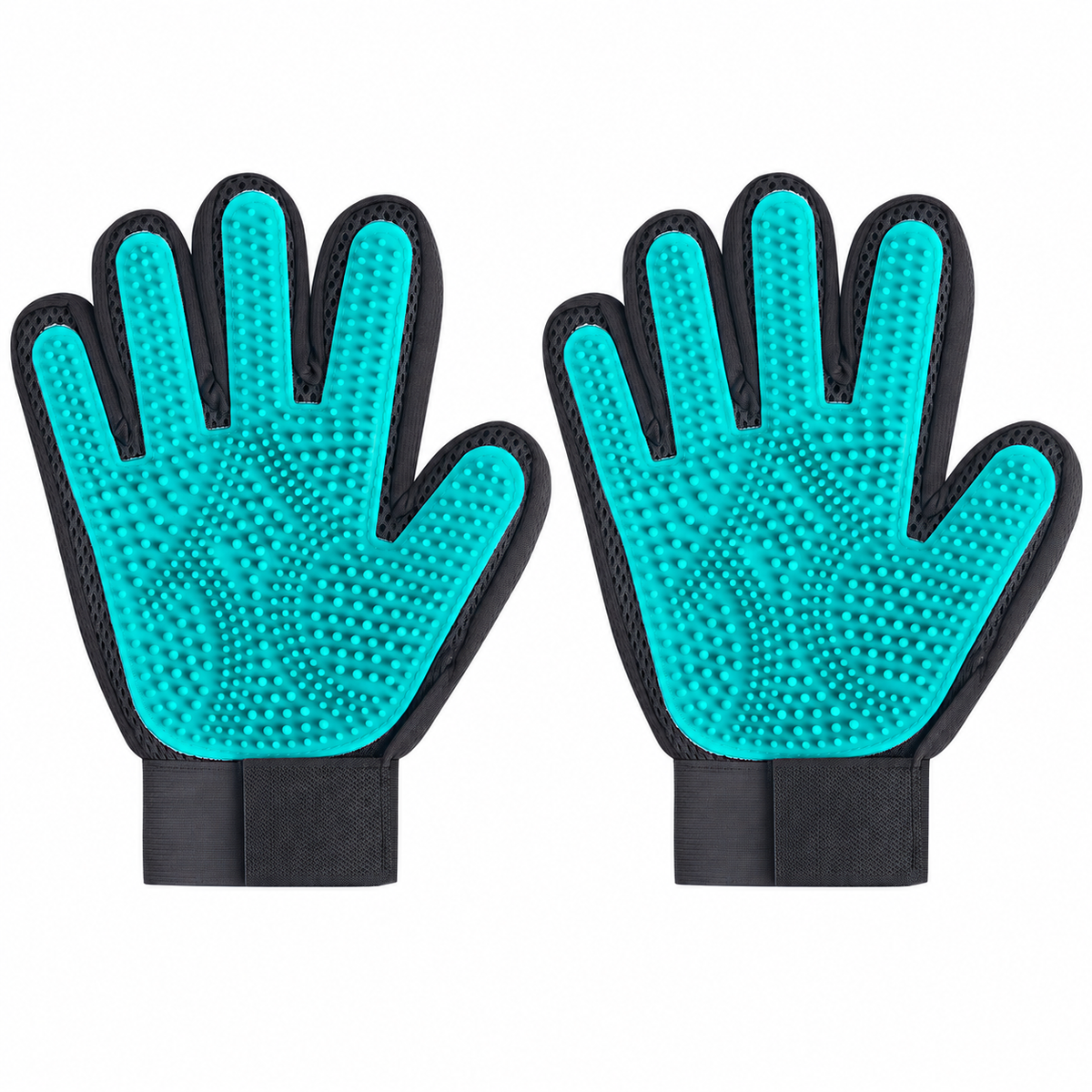 Two teal and black right-hand grooming gloves on a white background