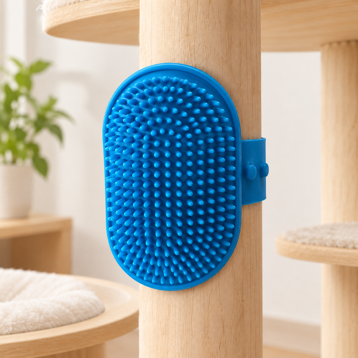 Blue silicone cat self-grooming brush secured to a wooden cat tree post