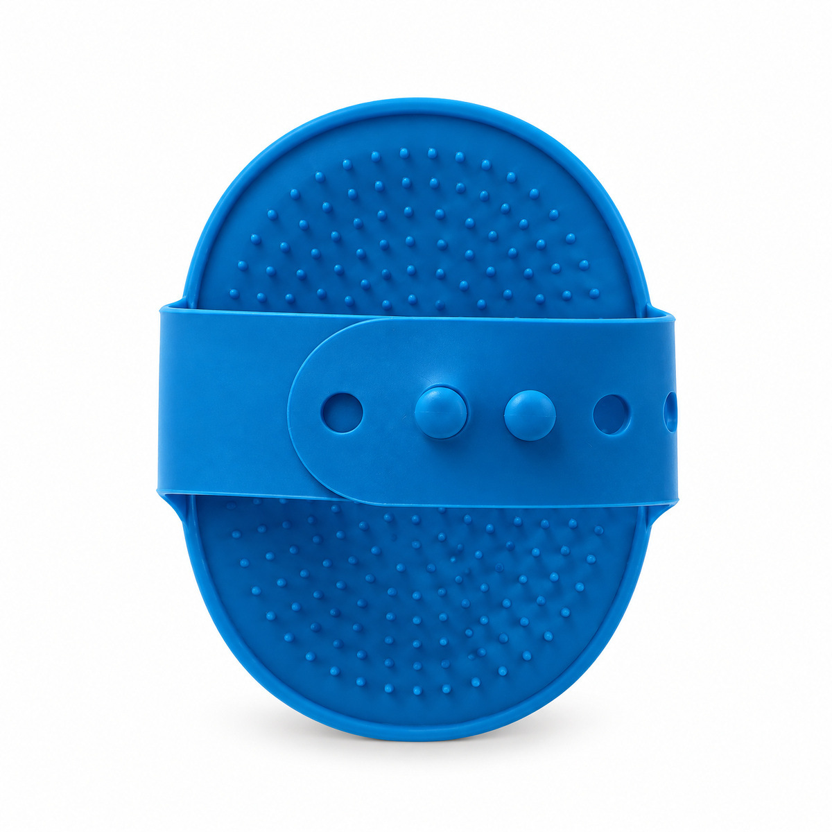 Back of the blue silicone cat self-grooming brush showing the adjustable strap and fastening holes