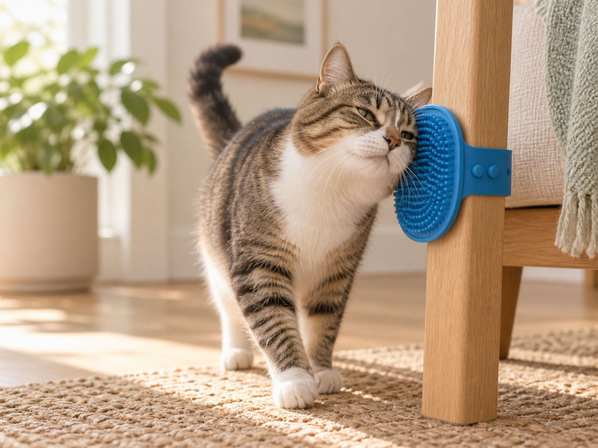 Cat approaching a blue self-grooming brush attached to a wooden furniture leg