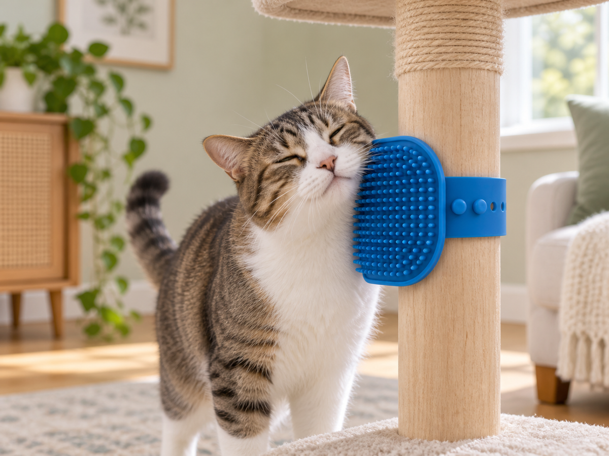 Cat rubbing against a blue self-grooming brush secured to a cat-tree post