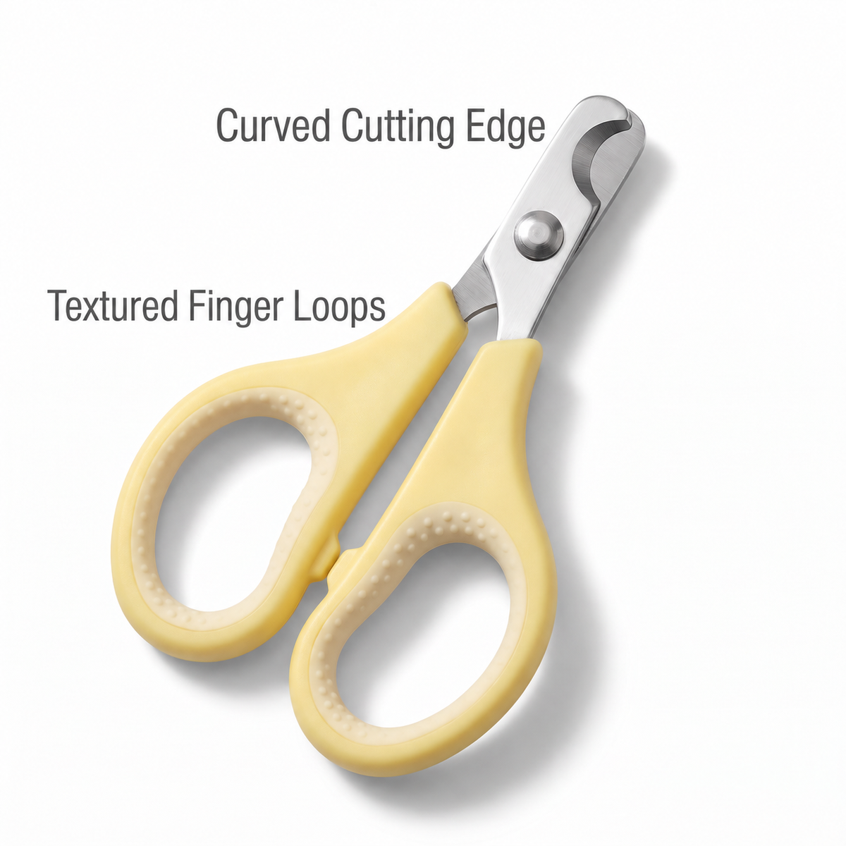 Yellow pet nail clipper with a curved cutting edge and textured finger loops