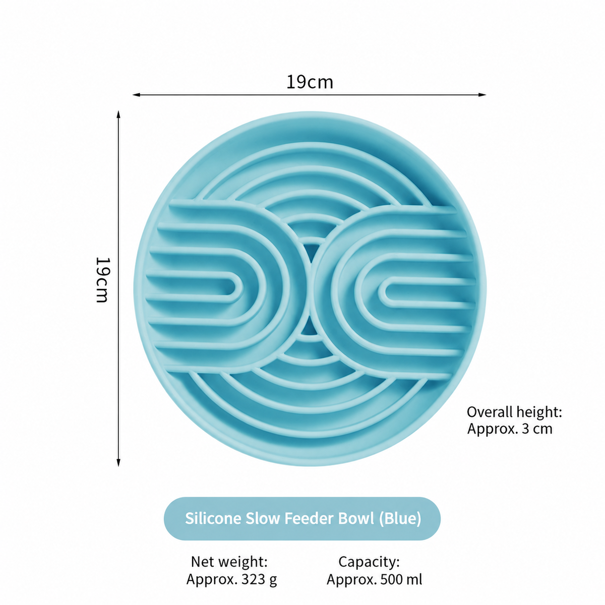 Blue silicone slow feeder bowl with product size, capacity and net weight labels