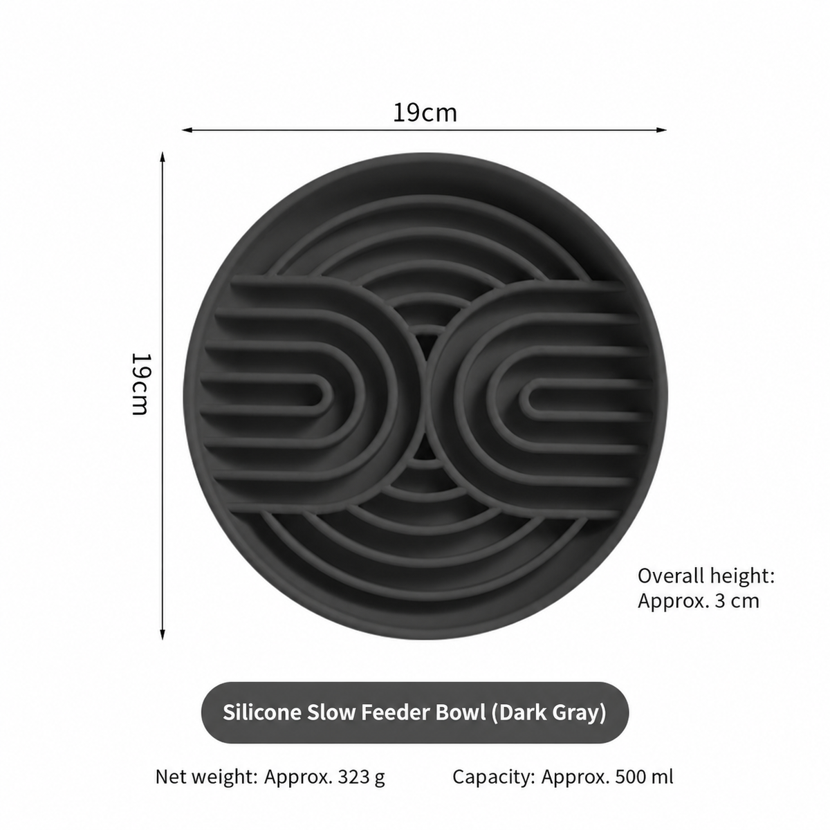 Dark Gray silicone slow feeder bowl with product size, capacity and net weight labels
