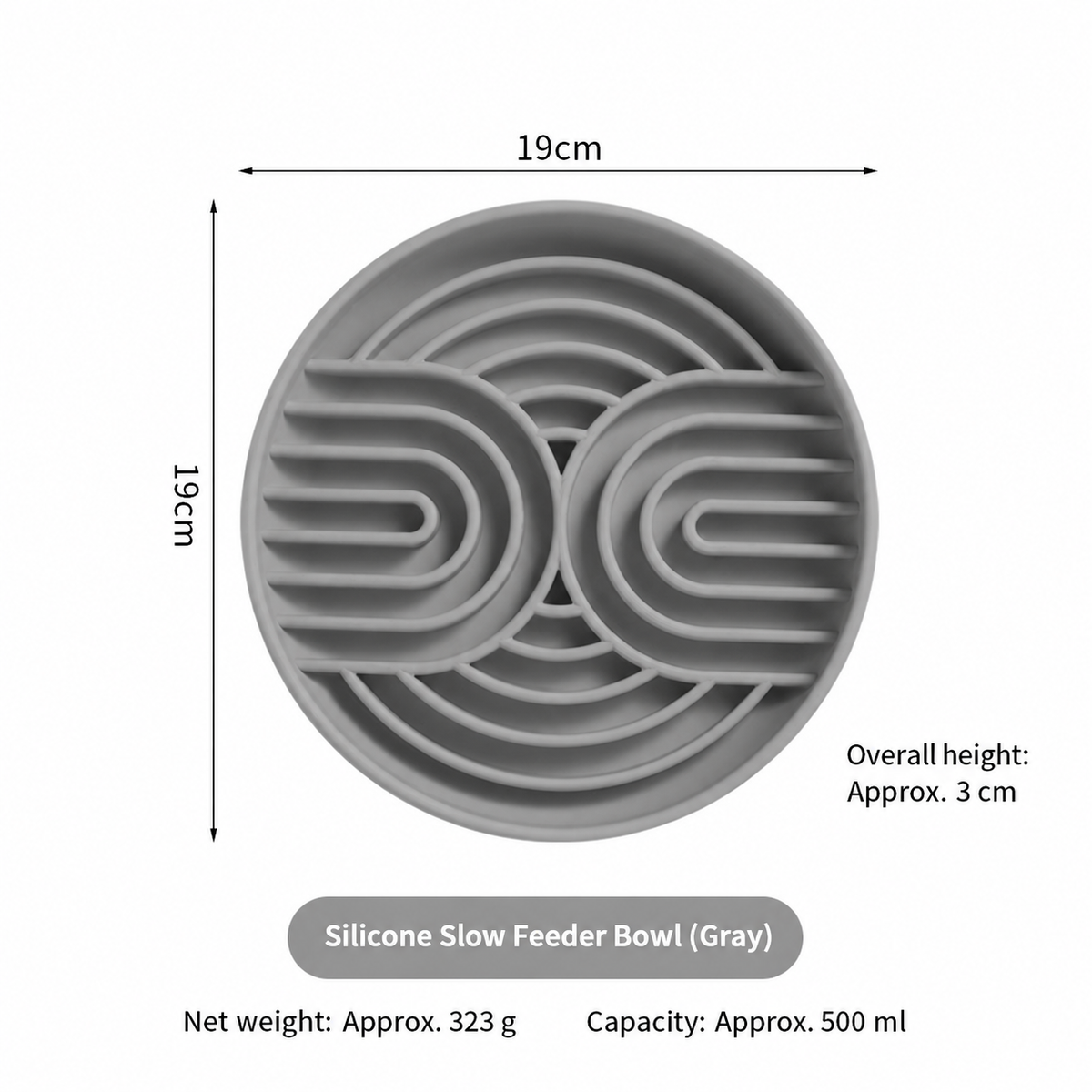 Gray silicone slow feeder bowl with product size, capacity and net weight labels