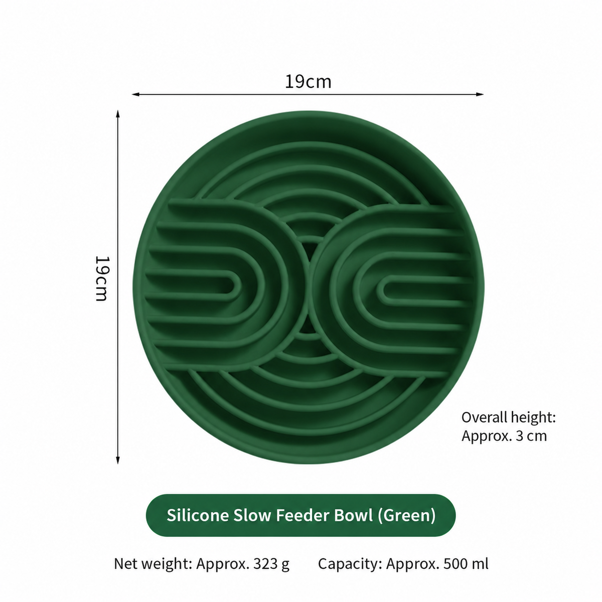 Green silicone slow feeder bowl with product size, capacity and net weight labels