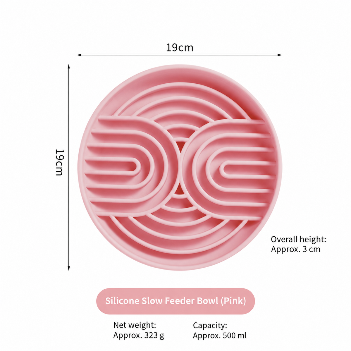 Pink silicone slow feeder bowl with product size, capacity and net weight labels