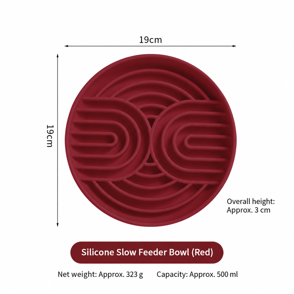 Red silicone slow feeder bowl with product size, capacity and net weight labels