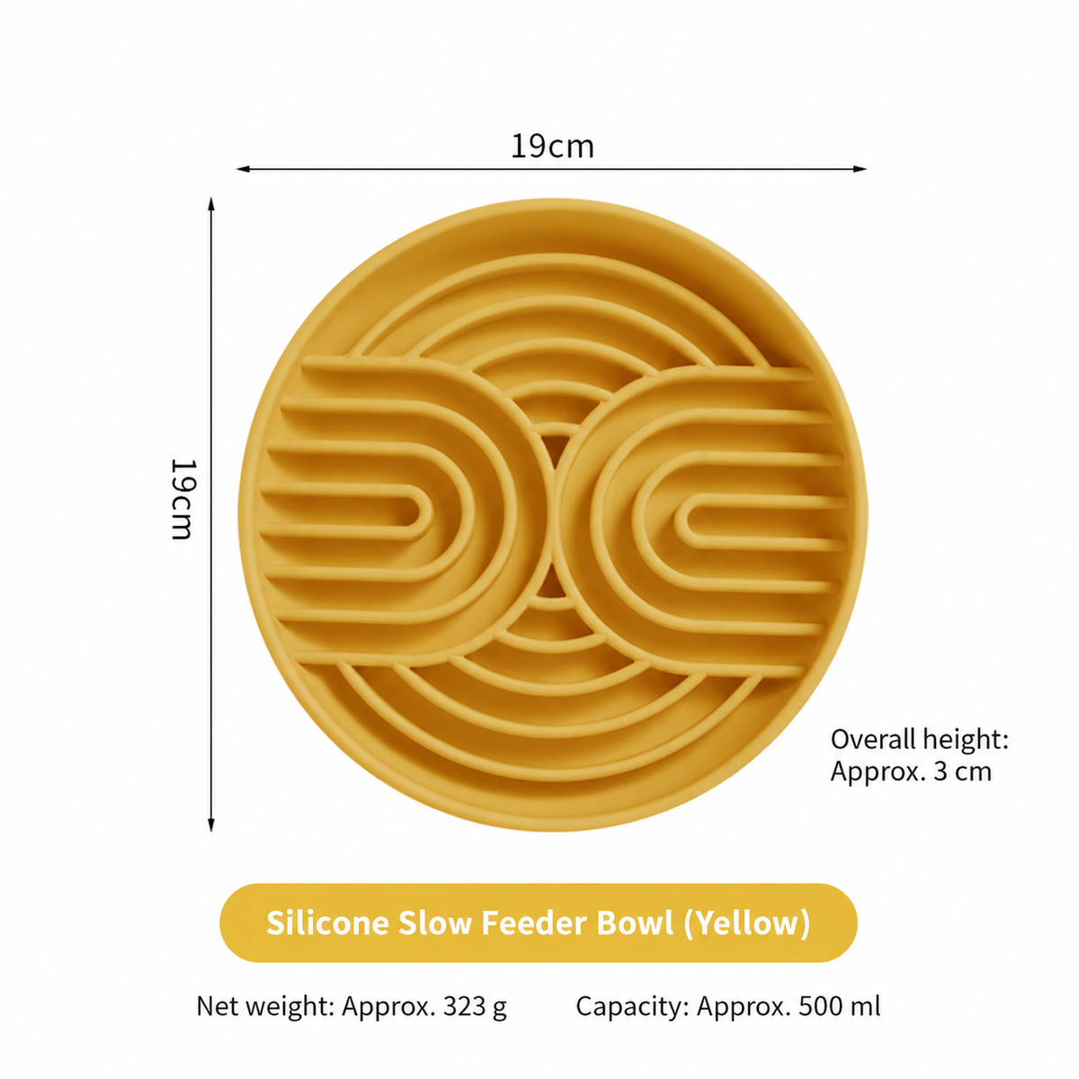 Yellow silicone slow feeder bowl with product size, capacity and net weight labels