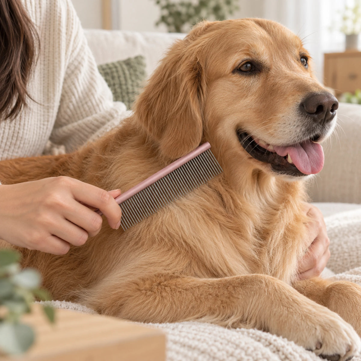 Dual-Density Metal Grooming Comb being used on a dog in a warm home setting