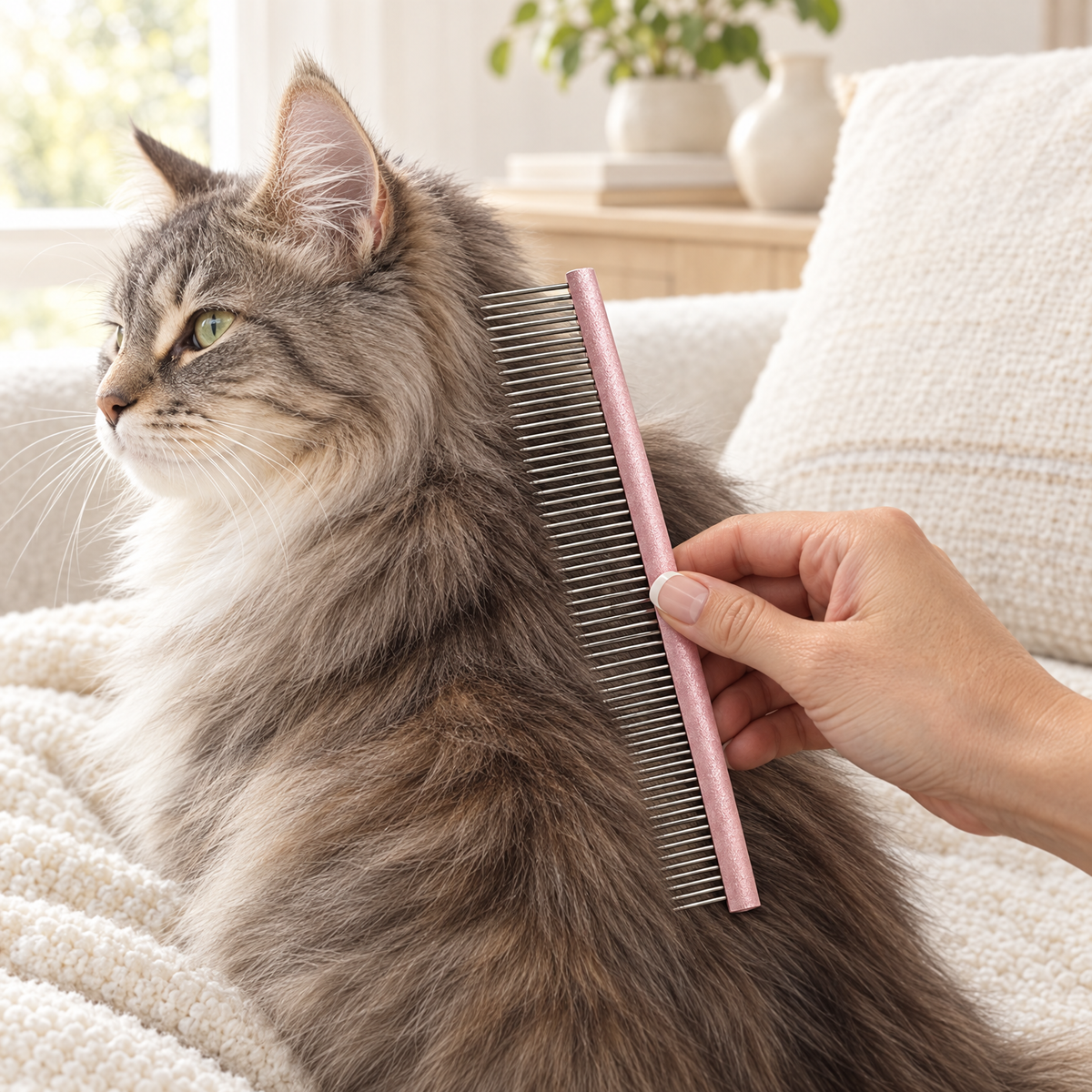 Dual-density metal grooming comb being used on a long-haired cat